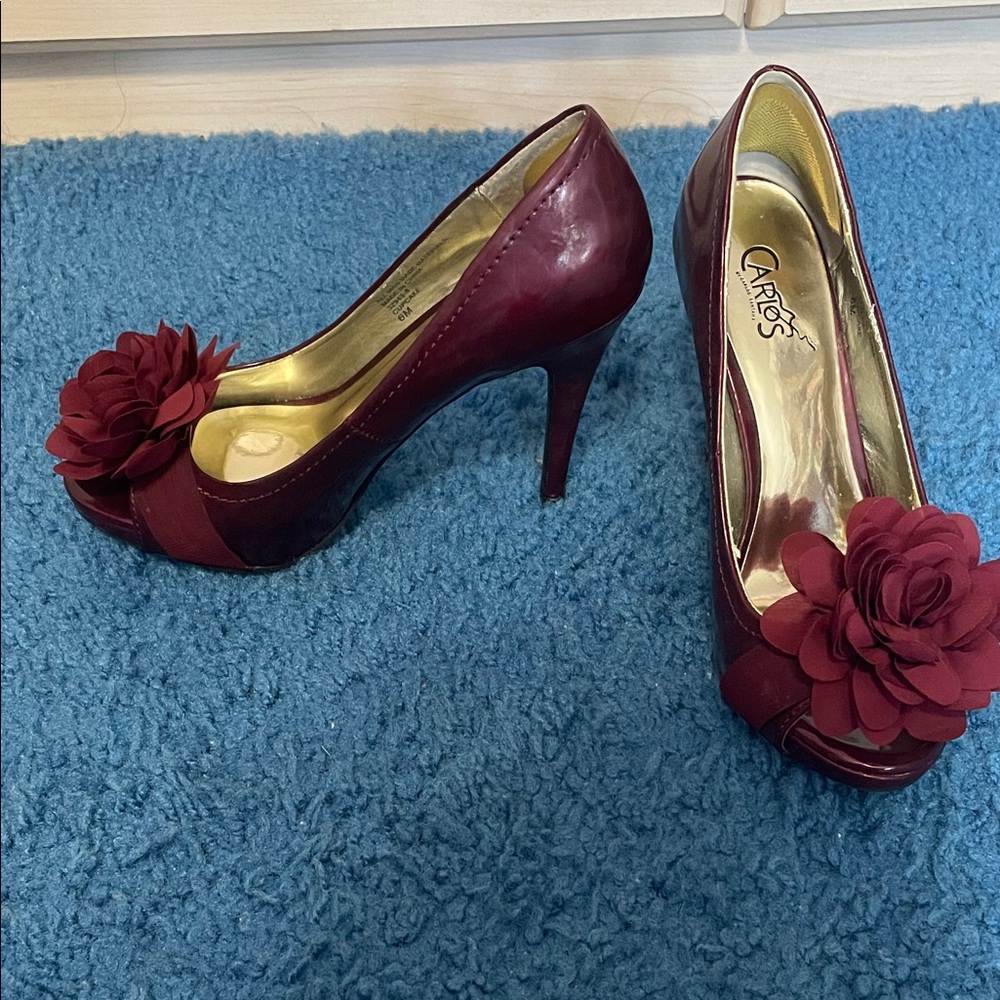 Women's Burgundy Peep-Toe Heels - Picture 3 of 4